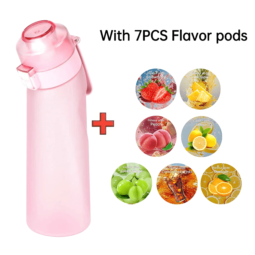 Pink water bottle with 7 flavor pods including strawberry and peach, perfect for sports and fitness hydration.