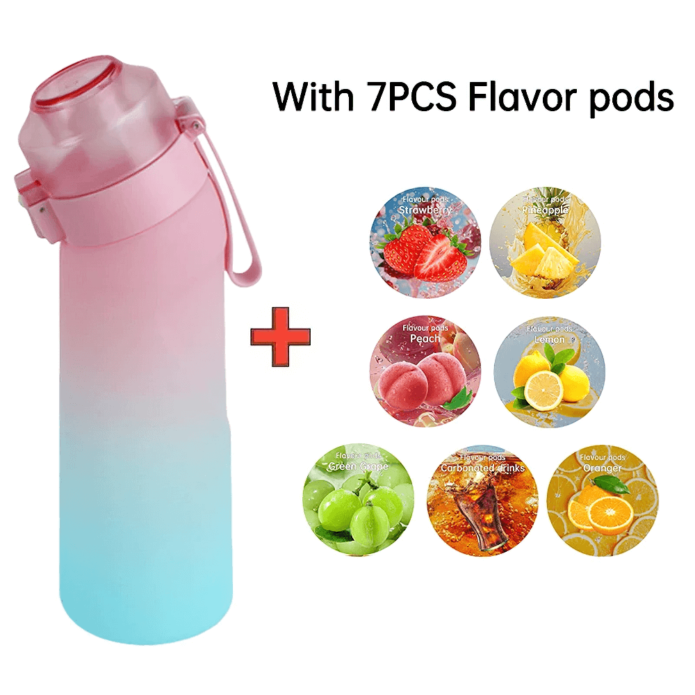 Colorful water bottle with 7 flavor pods, including strawberry and lemon, perfect for sports and active lifestyles.