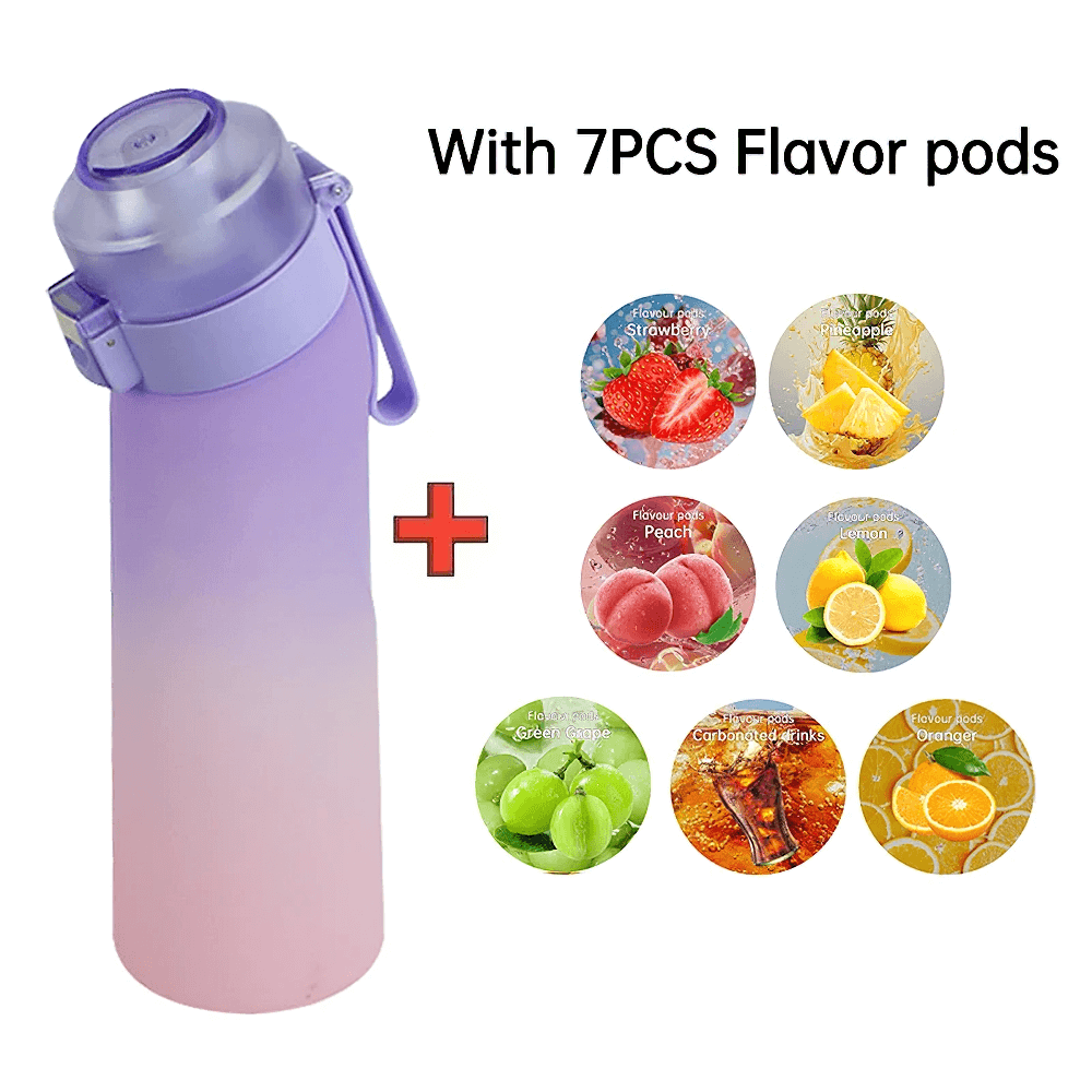 Colorful sports water bottle with 7 flavor pods including strawberry, lemon, and more, featuring a convenient straw for hydration.