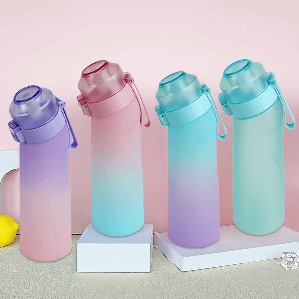 Air Flavored Water Bottle with 7 pods, stylish Tritan design for sports, hydration, and fitness, featuring gradient colors and straw.