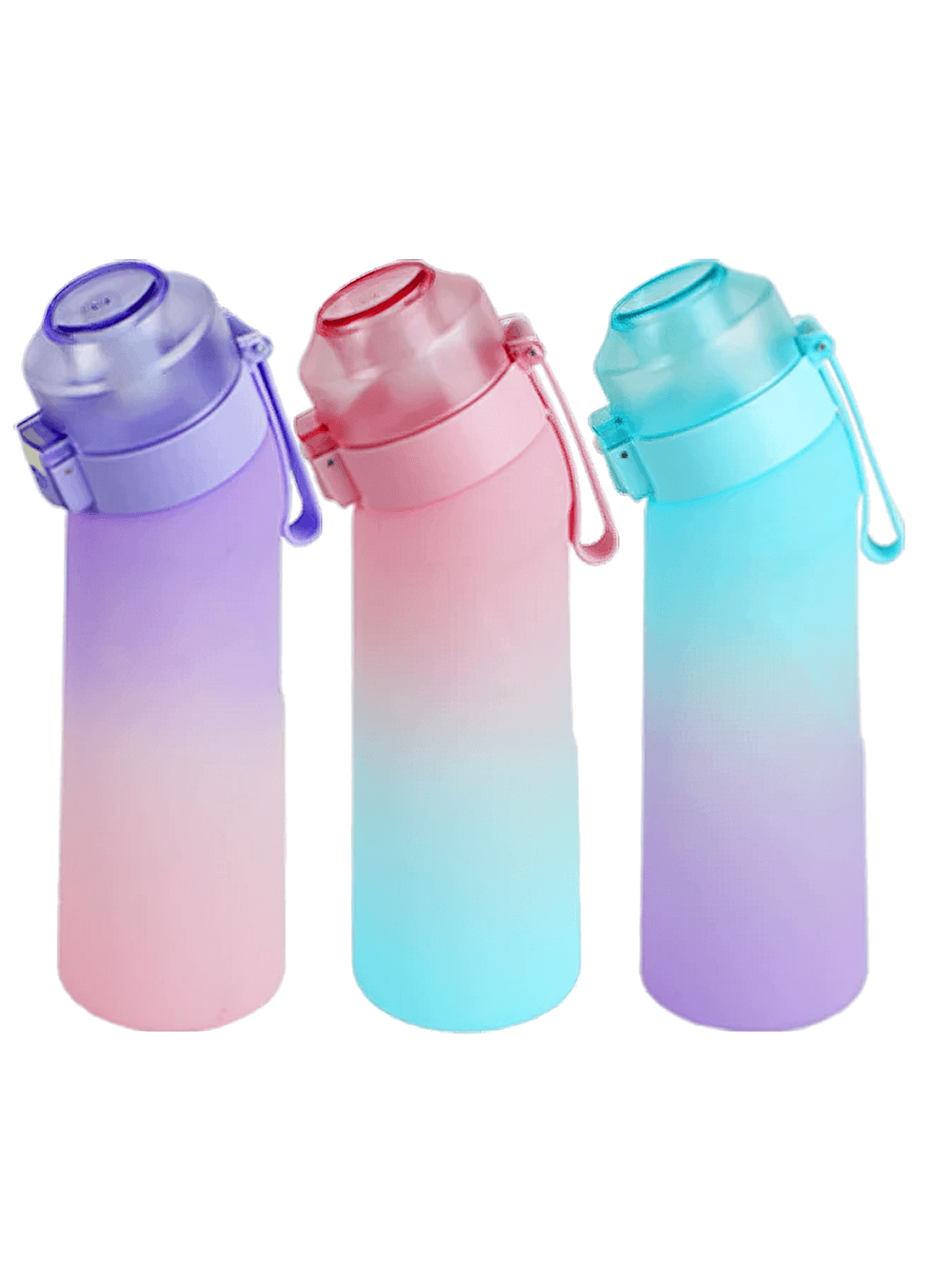 Colorful 7-flavor pods sports water bottle with straw, perfect for fitness and outdoor activities.