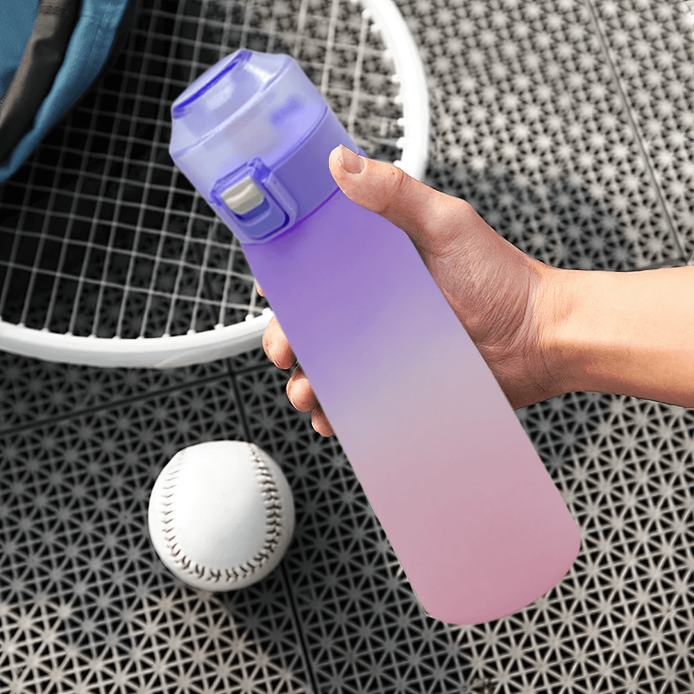 Hand holding 7-Flavor Pods Water Bottle with Straw, perfect for sports, shown with baseball and racket.