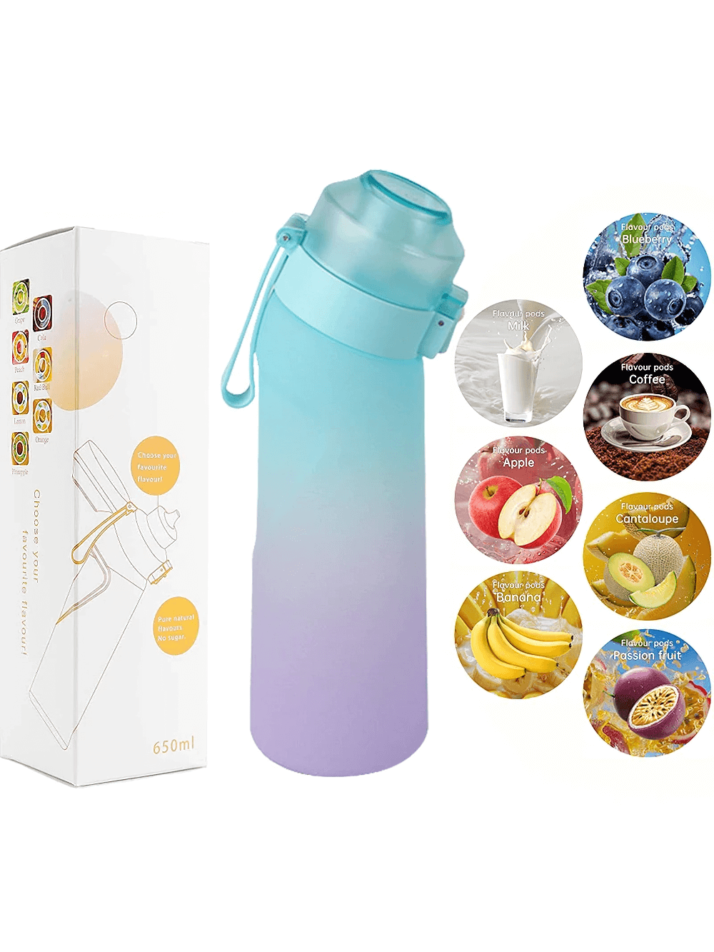 7-Flavor Pods Water Bottle with Straw, plastic sports design with 7 delightful flavor pods, perfect for hydration during outdoor activities