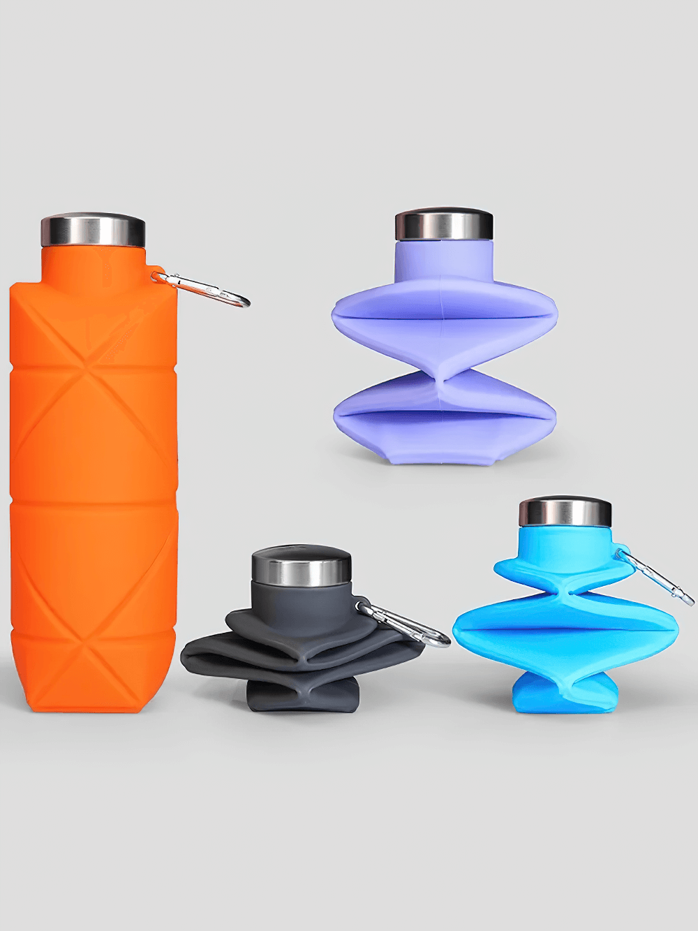 Vibrant 700ml Foldable Silicone Water Bottle for Outdoor - SF3503 in orange, purple, black, and blue, with carabiner clip.