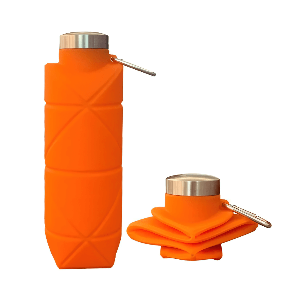 Vibrant orange 700ml Foldable Silicone Water Bottle for Outdoor - SF3503 shown full and collapsed, with carabiner clip for easy carrying.