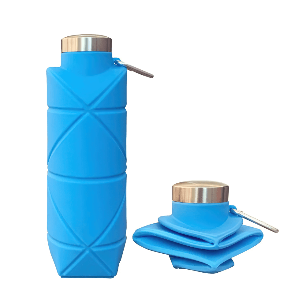 Blue 700ml Foldable Silicone Water Bottle for Outdoor - SF3503 with carabiner, shown expanded and collapsed. Perfect for travel and sports.