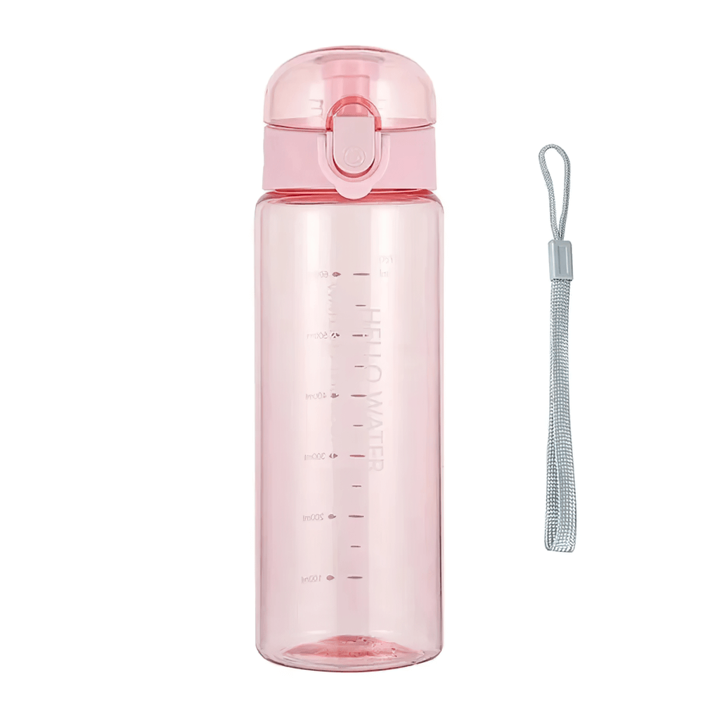 Pink 780ml sporty reusable water bottle with time markers and strap, eco-friendly and perfect for hydration on-the-go. Model SF3058.