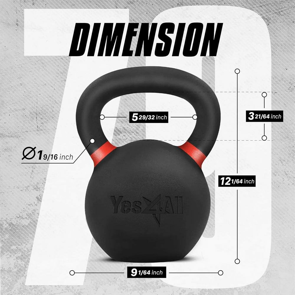 79 LB cast iron kettlebell with dimensions and non-slip handle for strength training and workouts, perfect for swings and squats.
