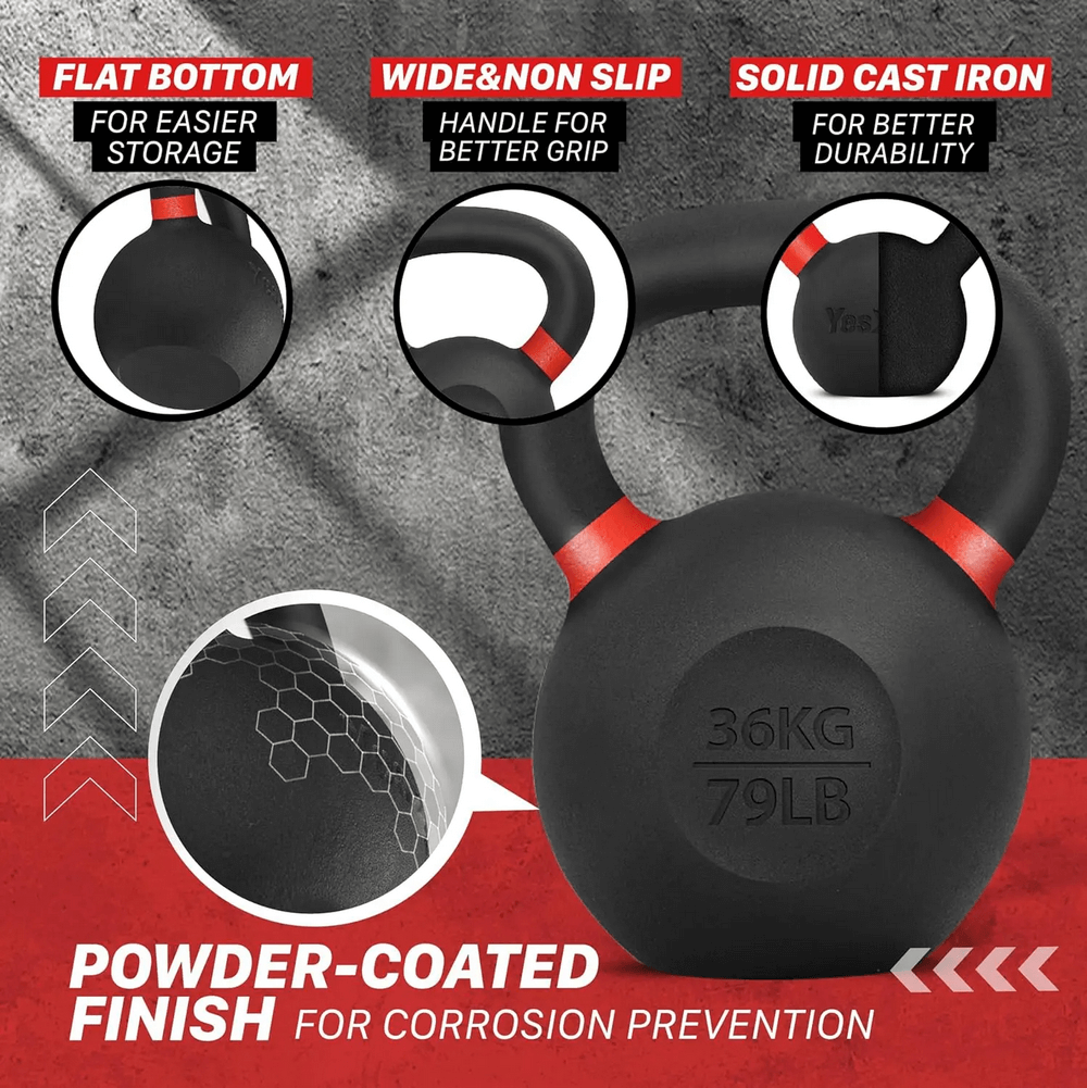 79 LB Cast Iron Kettlebell SF3374 with non-slip handle, flat bottom for stability, and powder-coated finish for durability.