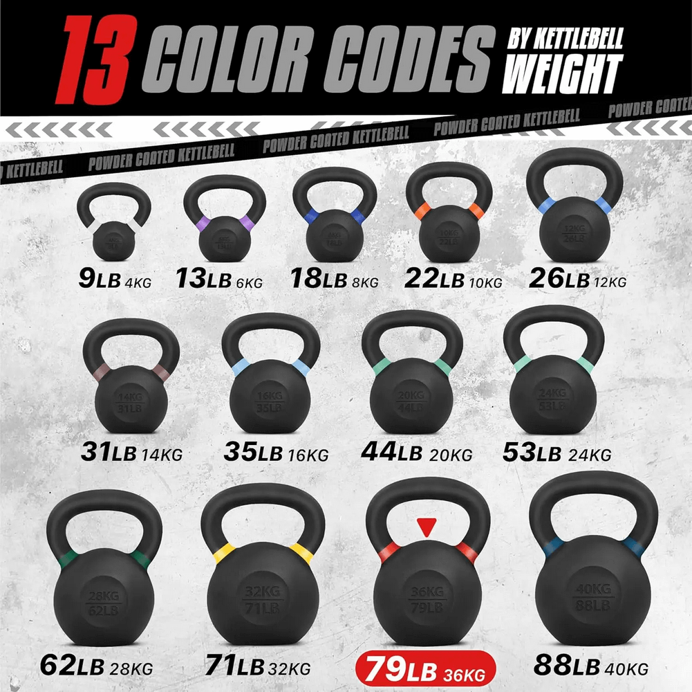 Color-coded cast iron kettlebells with weights ranging from 9LB to 88LB, featuring a highlight on the 79LB model for strength training.