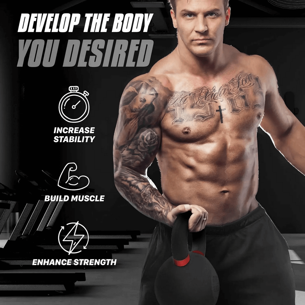 Muscular man holding kettlebell with text 'Develop the Body You Desired'. Benefits include stability, muscle building, and strength.