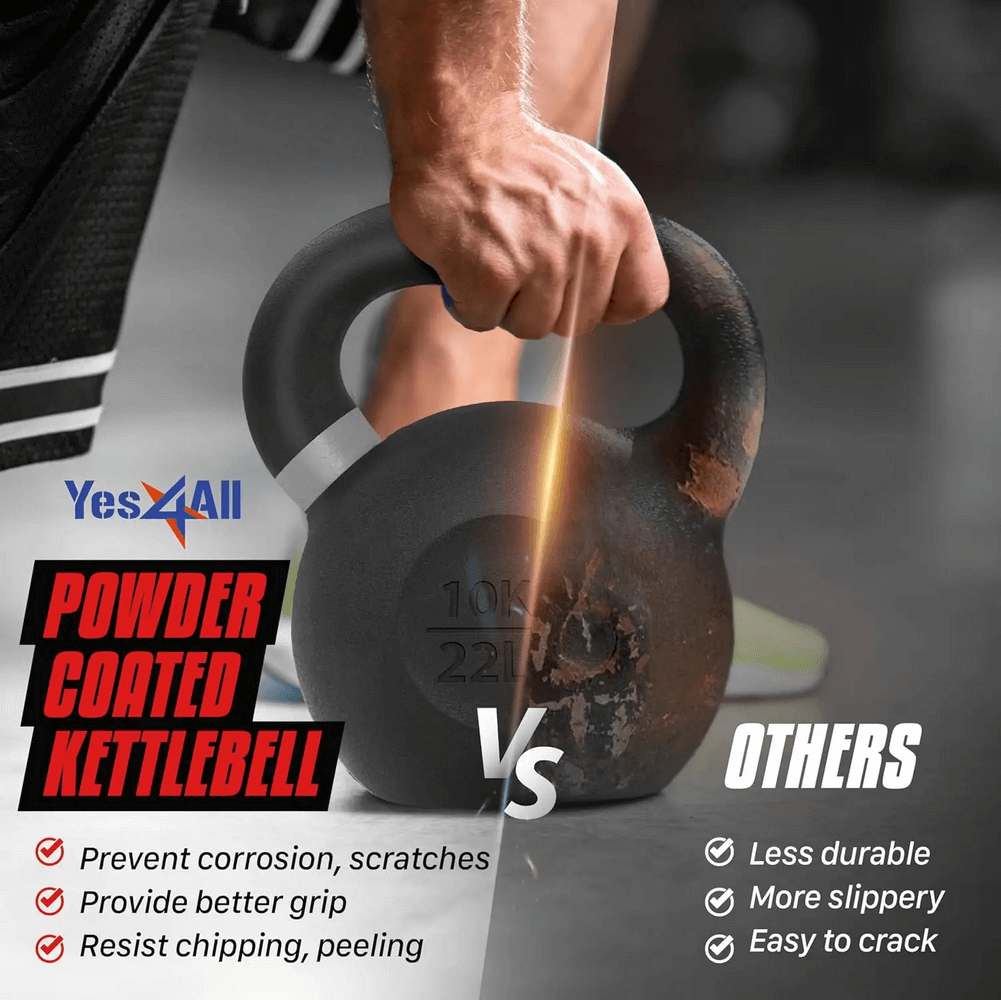 Comparison of powder-coated kettlebell vs others, highlighting durability, better grip, and resistance to corrosion.