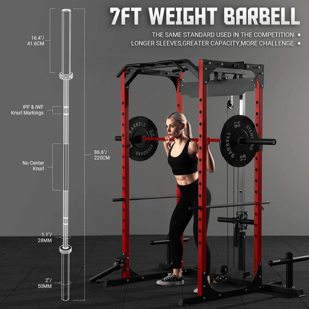 Woman using 7ft Olympic barbell with dual knurl markings for powerlifting in a home gym setup.