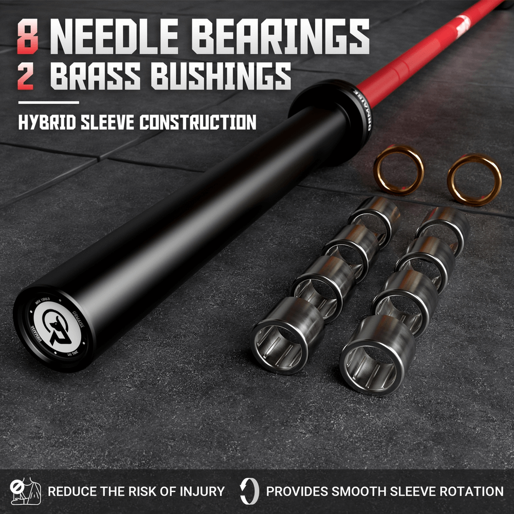 Close-up of Olympic barbell sleeve with 8 needle bearings, 2 brass bushings, hybrid construction for smooth rotation.