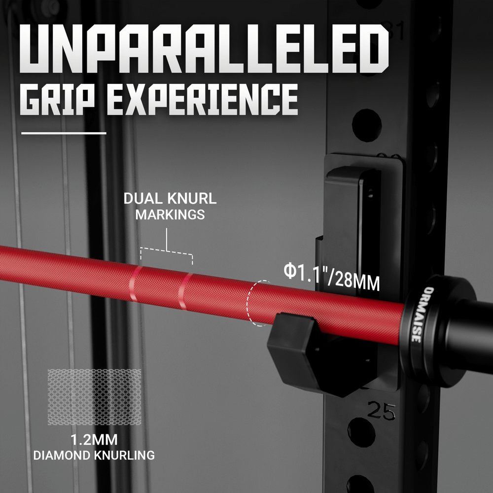 Close-up of red 7ft Olympic barbell with dual knurl markings, 1.2mm diamond knurling for enhanced grip, SF2915 model description.