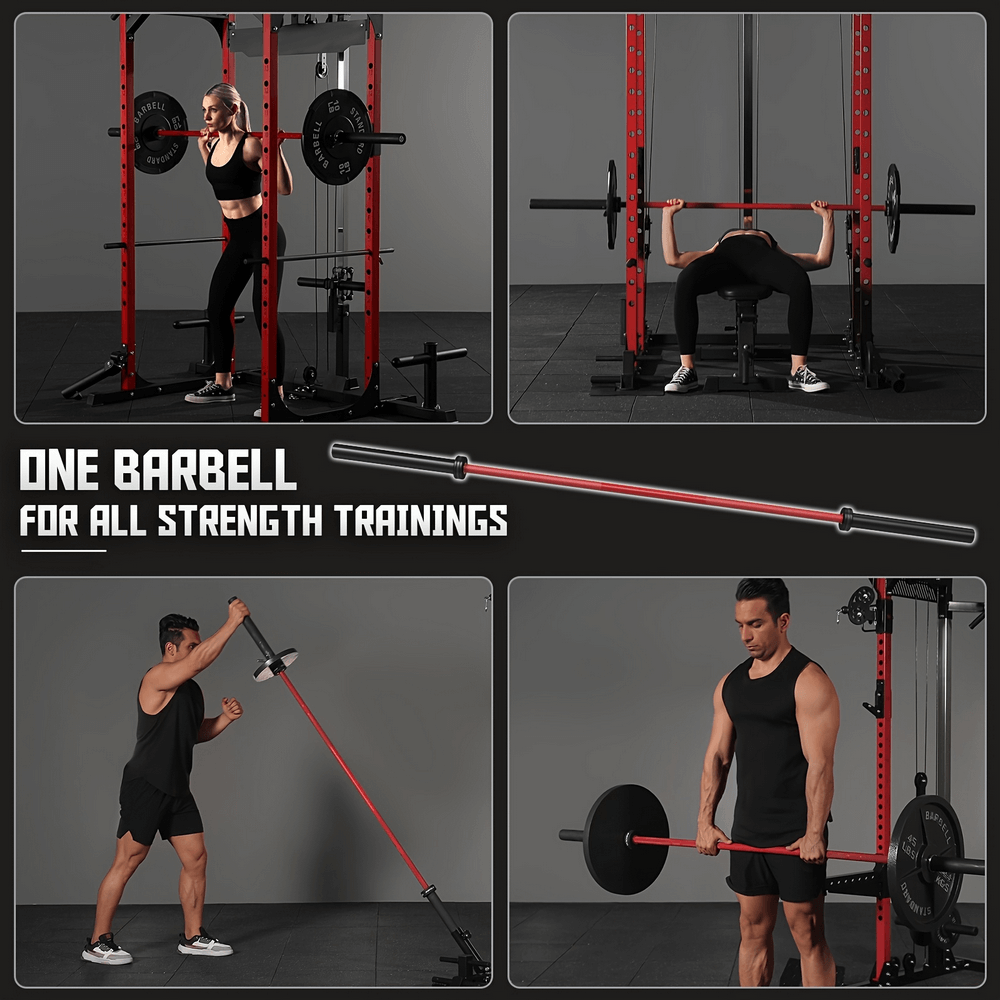 Versatile 7ft barbell in use for squats, bench press, and strength exercises.