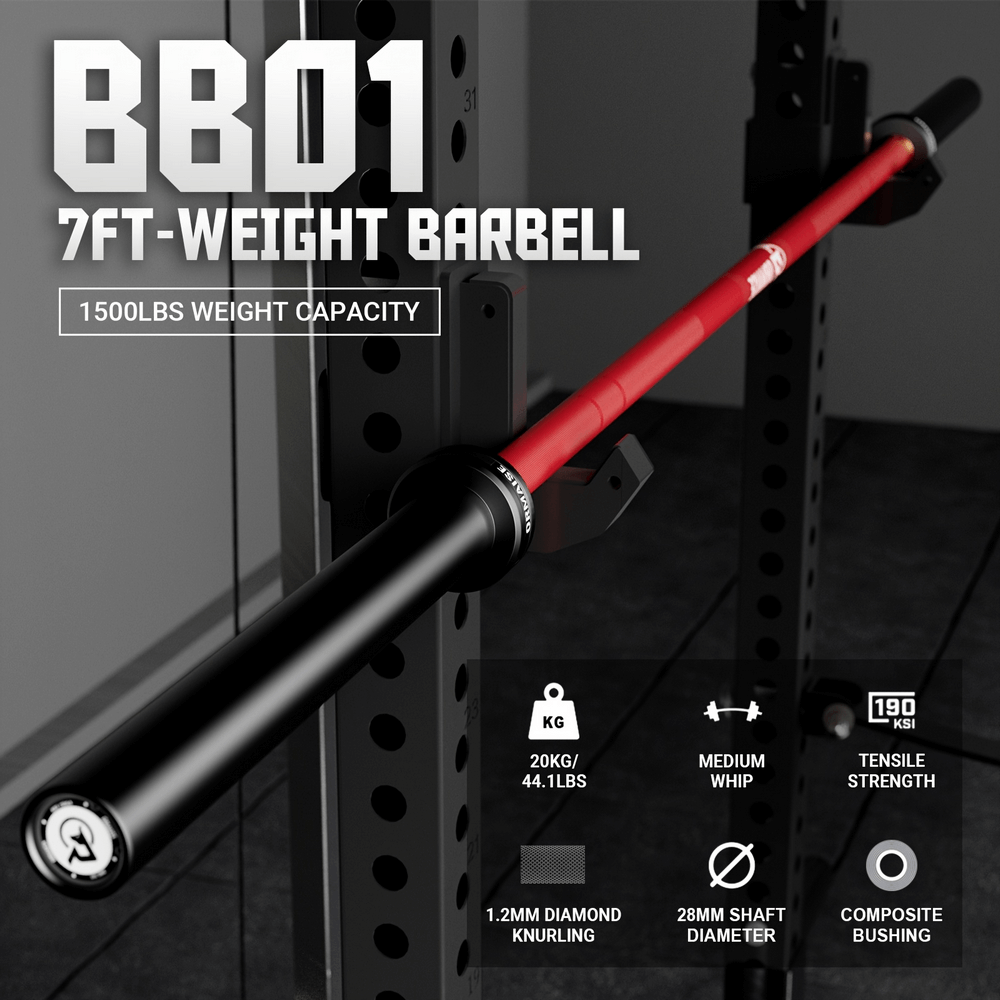 Red and black 7ft barbell with 1500LB capacity, dual knurl markings, and 1.2mm diamond knurling for powerlifting.