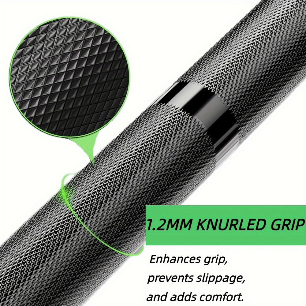 Close-up of 1.2mm knurled grip on 7FT Olympic barbell for enhanced grip and comfort in weightlifting and strength training.