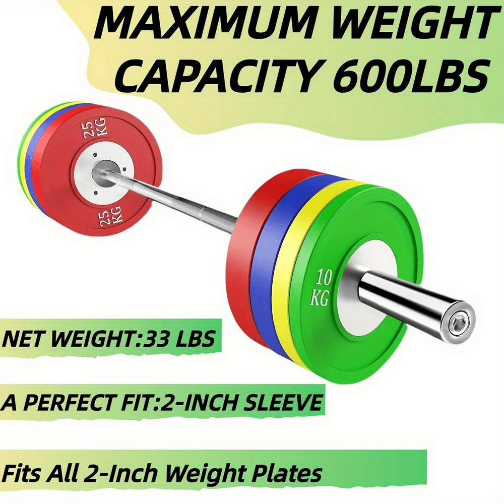 Colorful 7FT Olympic barbell with 2-inch sleeve, max capacity 600lbs, ideal for home gym weightlifting and strength training.