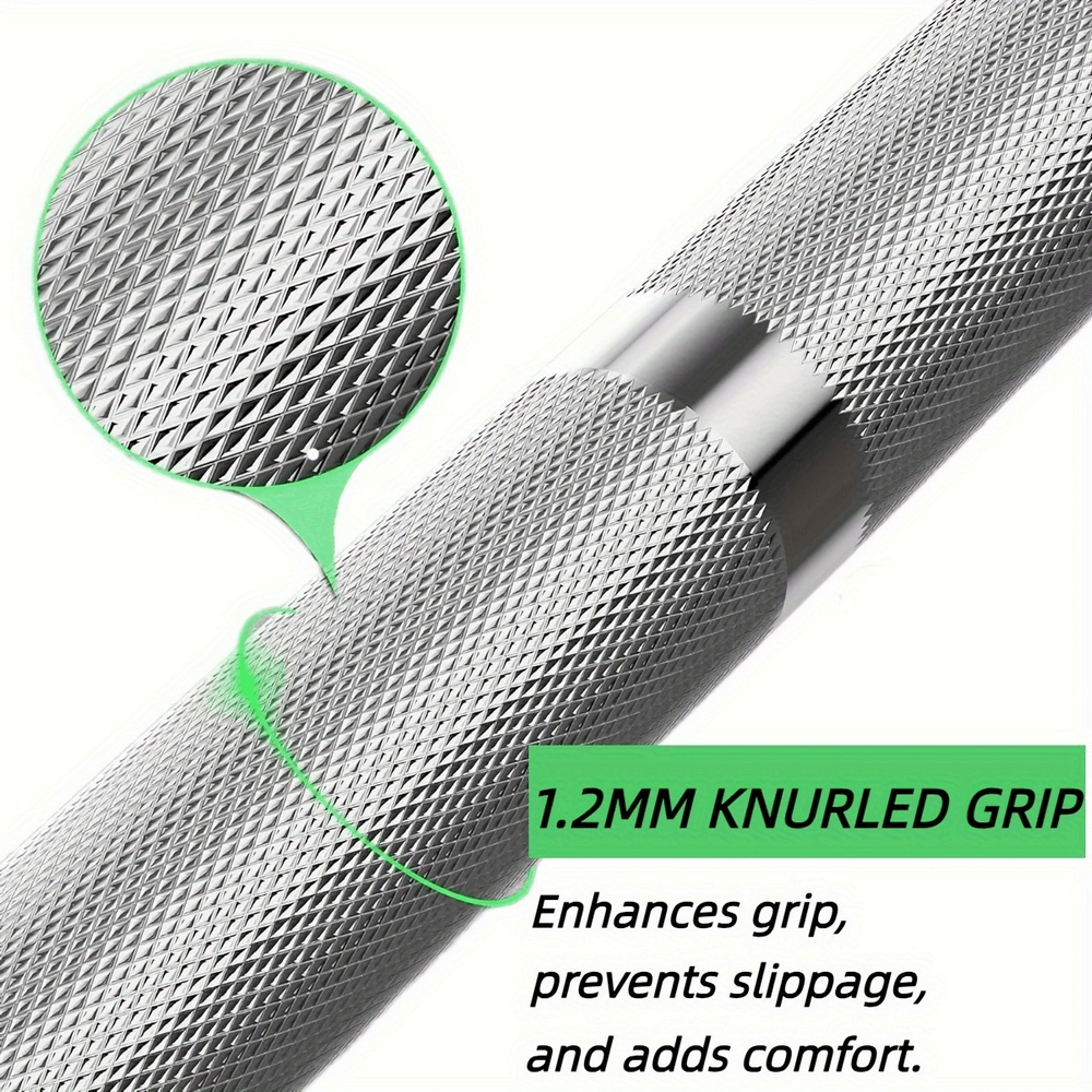 Close-up of 1.2mm knurled grip on Olympic barbell, enhancing grip and comfort for weightlifting