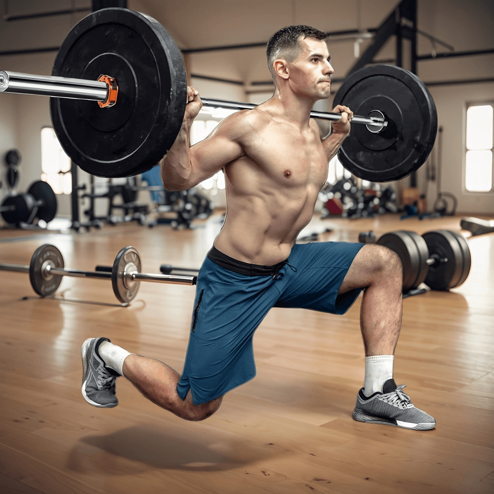 A man performing a lunge with a 7FT Olympic barbell in a gym, showcasing strength and proper weightlifting technique.