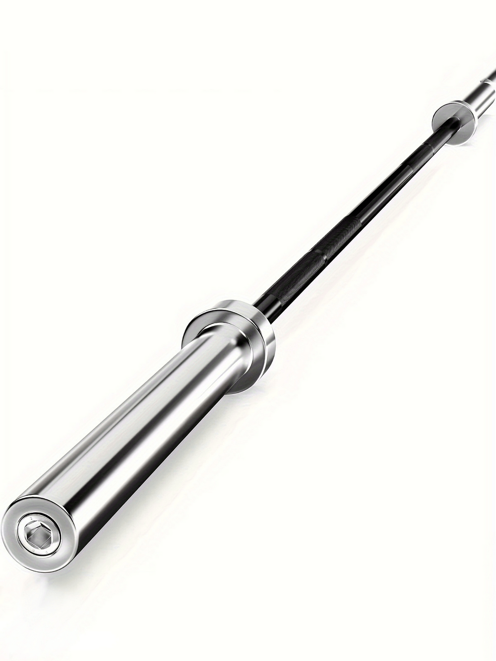 Close-up of a 7FT Olympic barbell bar SF2922, ideal for weightlifting and strength training with 2-inch sleeve, featuring a knurled grip.