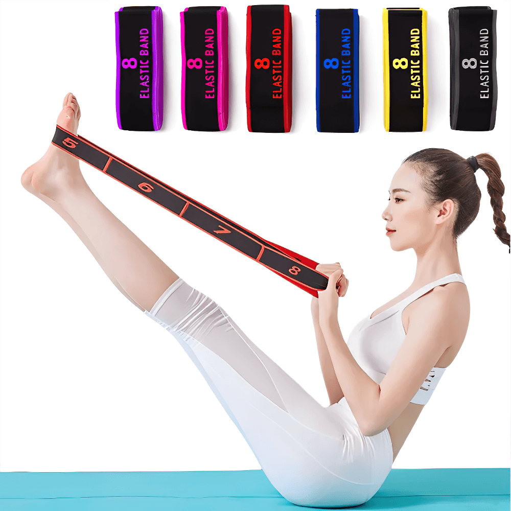 Woman using 8-section resistance band for yoga and Pilates, featuring numbered loops for adjustable tension in flexibility training.