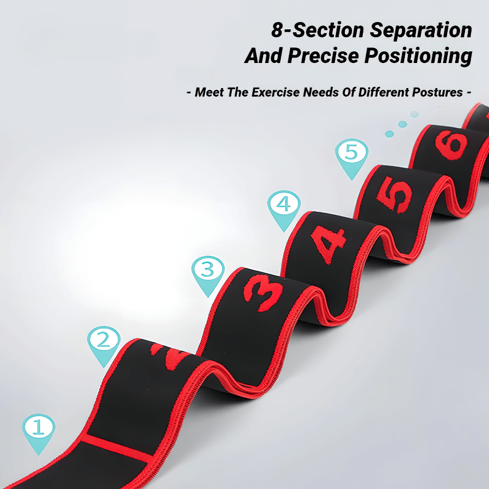 8-section resistance band with numbered loops for yoga, Pilates, and stretching exercises, enhancing flexibility and strength.