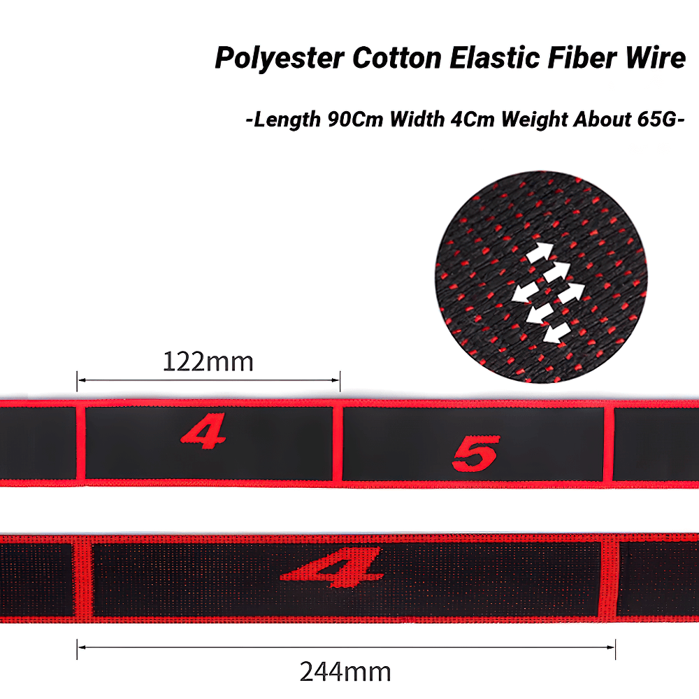 Close-up of black and red 8-section resistance band with measurements and polyester cotton elastic fiber details.