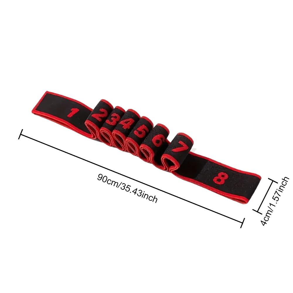 8-section resistance stretch band with numbered loops for dance, yoga, Pilates - 35.43 inches long, ideal for flexibility and strength.
