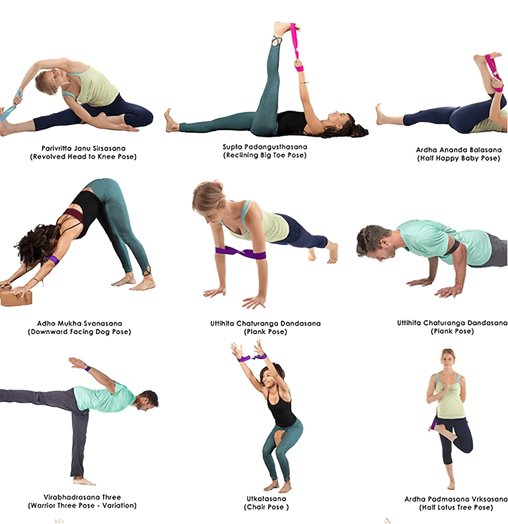 Yoga poses with 8-shape stretch strap for enhanced pilates training; includes various asanas like plank and tree pose.