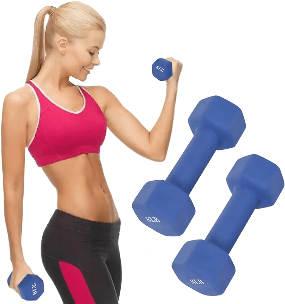 Woman exercising with 8lb Neoprene Dumbbells Pair for Strength Training - SF3435, showcasing durability and grip for versatile workouts.