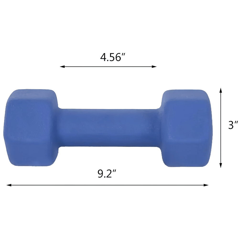 Blue 8lb Neoprene Dumbbells Pair for Strength Training - SF3435 with hexagonal design, dimensions labeled.