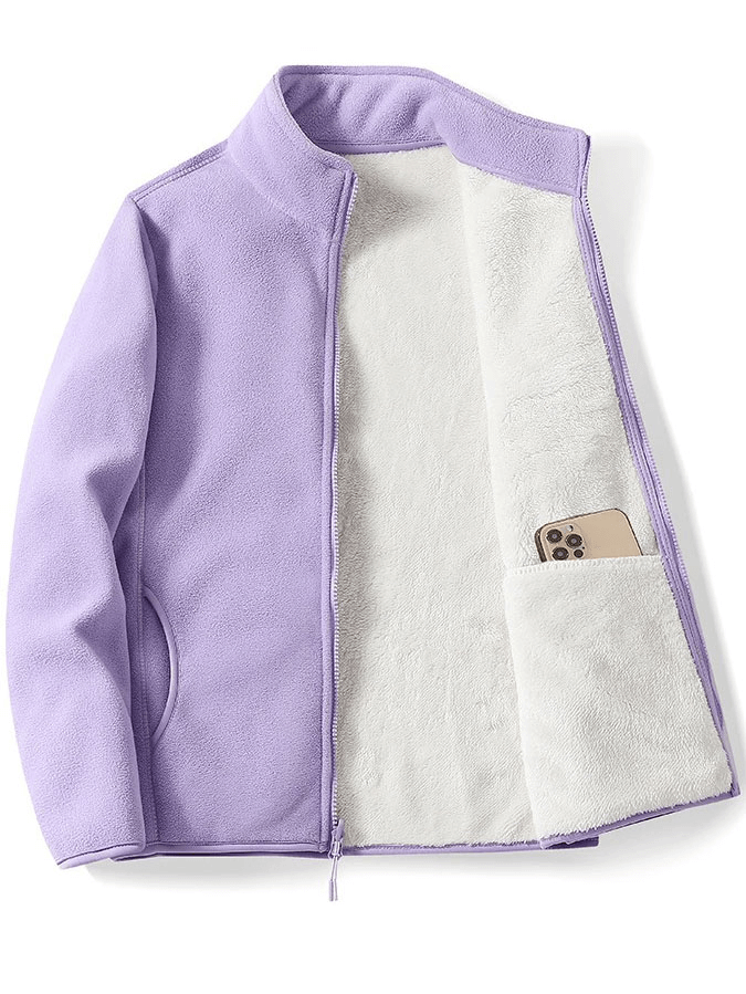 Lilac women's zip-up fleece jacket with inner pocket, made of 100% polyester, featuring a stand collar and full-length sleeves.