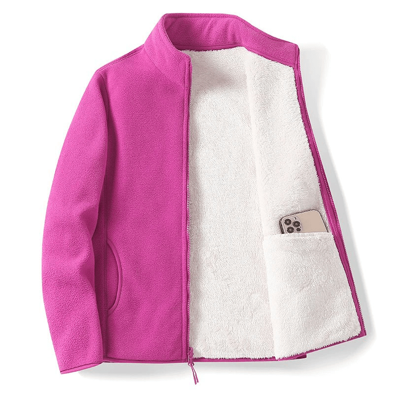 Pink zip-up fleece jacket for women with inner pocket, 100% polyester, full sleeve, stand collar, ideal for winter wear - SF1915