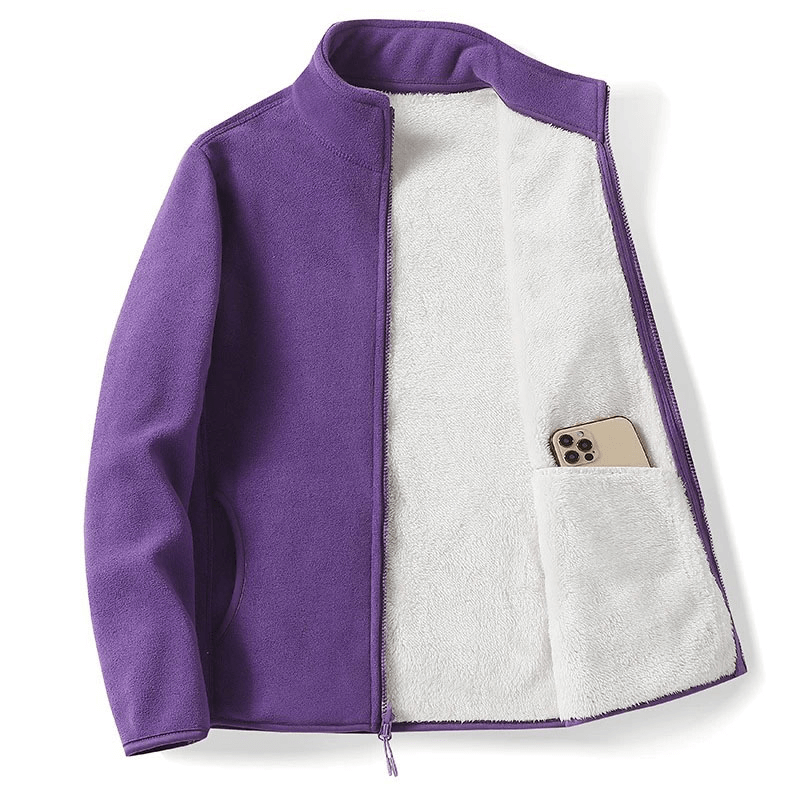 Warm purple zip-up fleece jacket with inner pocket and stand collar, ideal for women’s winter fashion, style SF1915.