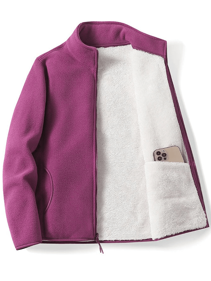 Purple fleece jacket with white inner lining and pocket, featuring a stand collar and zip-up design, ideal for winter warmth and style.