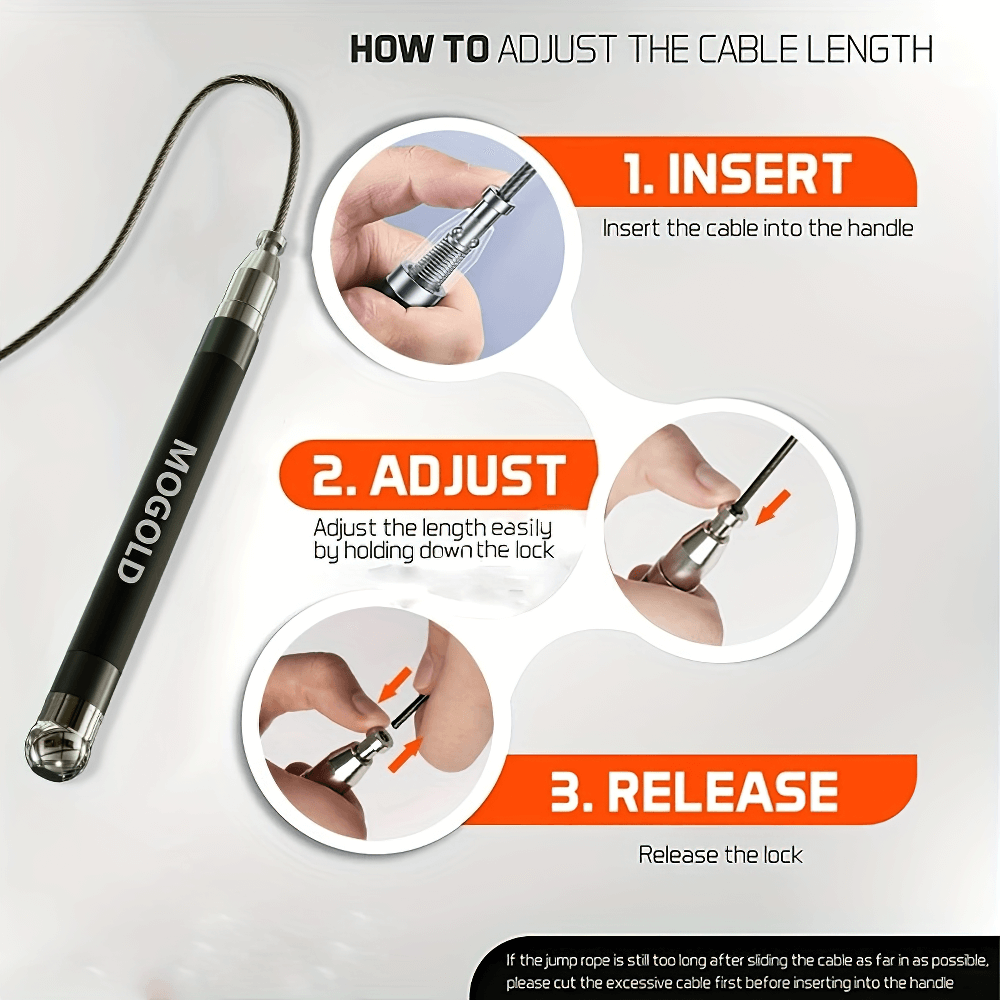 Instructions for adjusting cable length on SF2766 jump rope: insert cable, adjust length, release lock. Easy skip and workout guide.