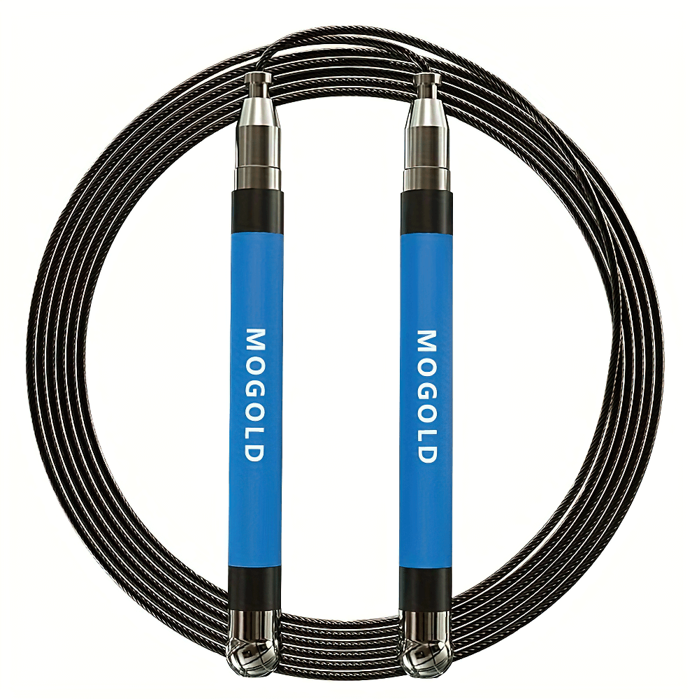 High-Speed Jump Rope SF2766 with weighted bearing, blue stainless steel handles, and tangle-free cable for cardio workout.