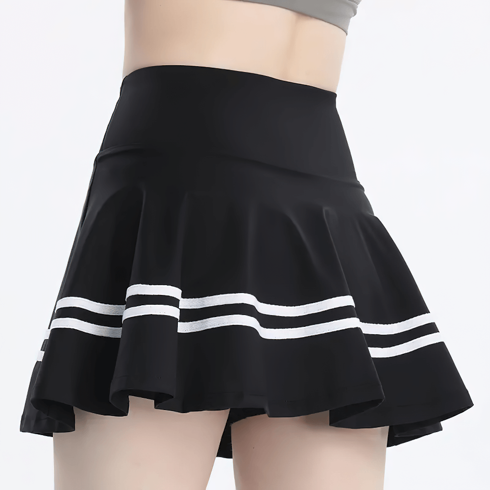 Alt Tag: A-Line Athletic Skater Skirt for Yoga and Running - SF4392 high-waist black flared skater tennis skort with striped hem