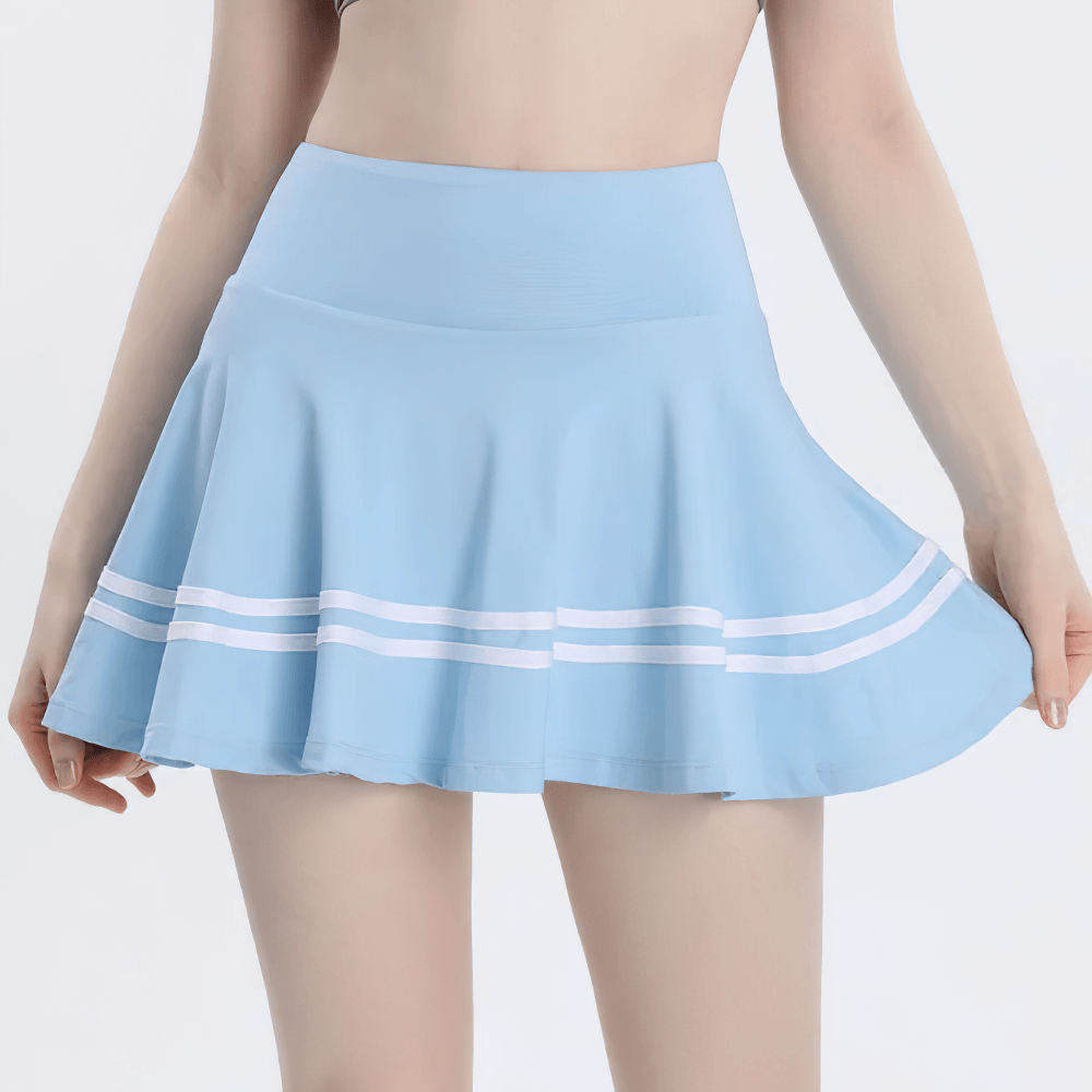 Alt Tag: A-Line Athletic Skater Skirt for Yoga and Running - SF4392 light blue high-waist flared tennis skort with quick-dry fabric