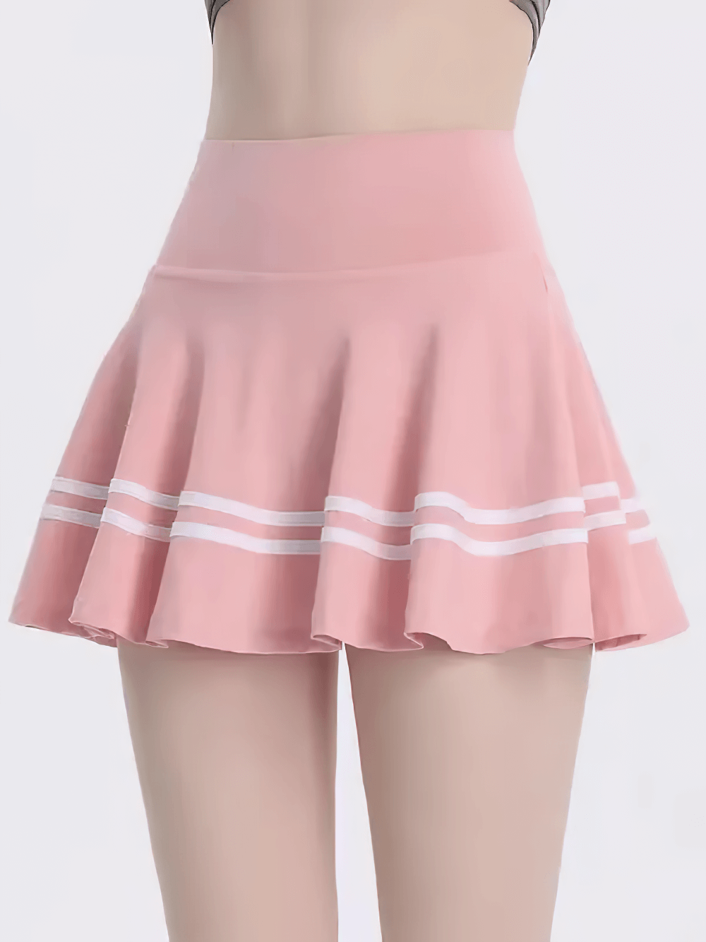 Alt Tag: A-Line Athletic Skater Skirt for Yoga and Running - SF4392 pink high-waist pleated skort with sporty stripe hem, quick-dry
