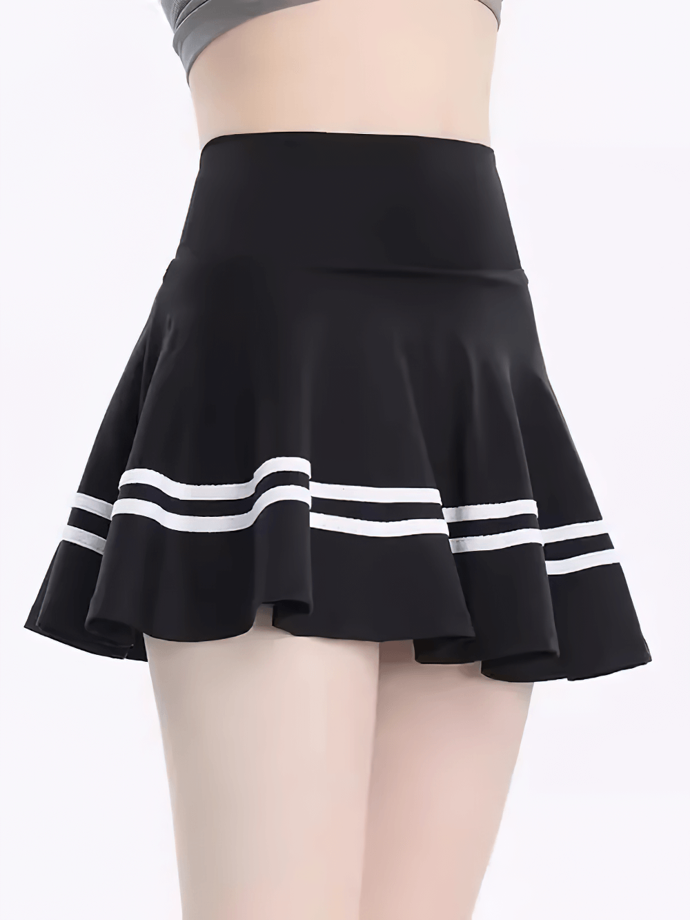Alt Tag: A-Line Athletic Skater Skirt for Yoga and Running - SF4392 black high waist flared skort with sporty white stripes, quick-dry fit