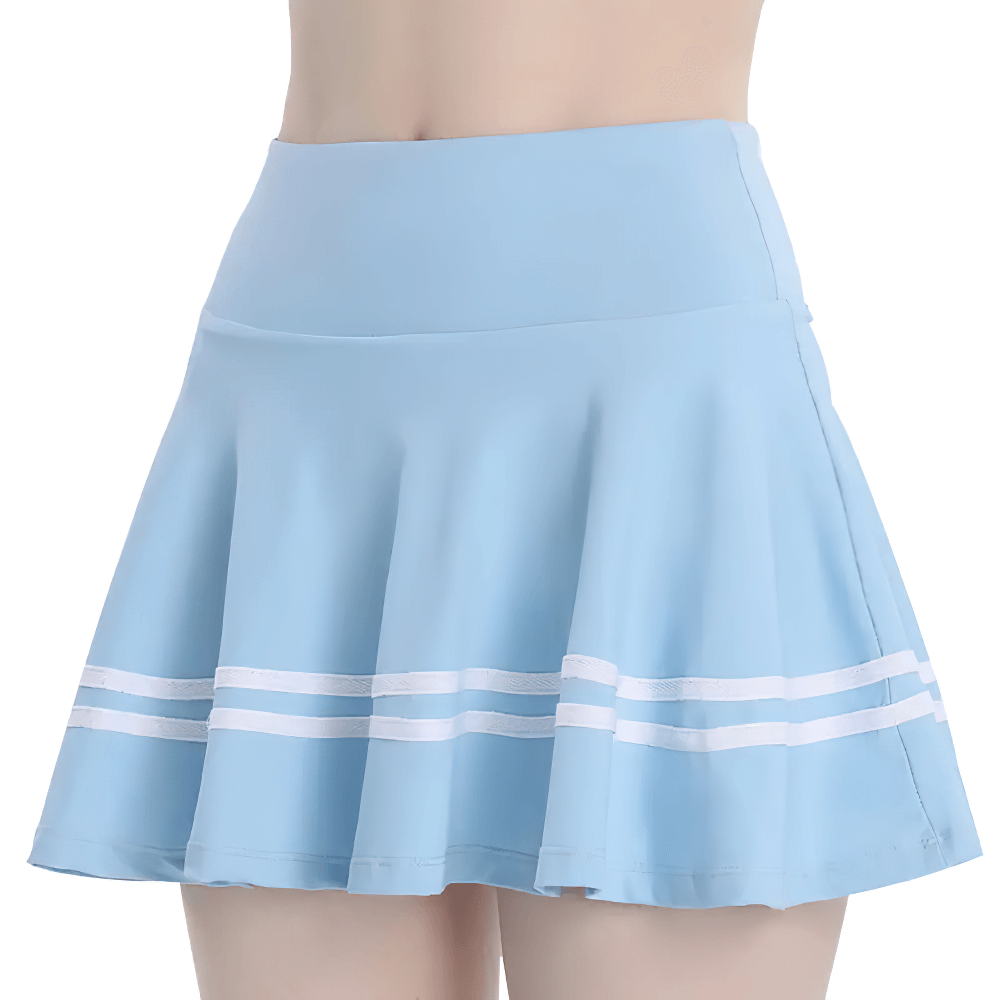 Alt Tag: A-Line Athletic Skater Skirt for Yoga and Running - SF4392 light blue high-waist flared tennis skort with striped hem, quick-dry