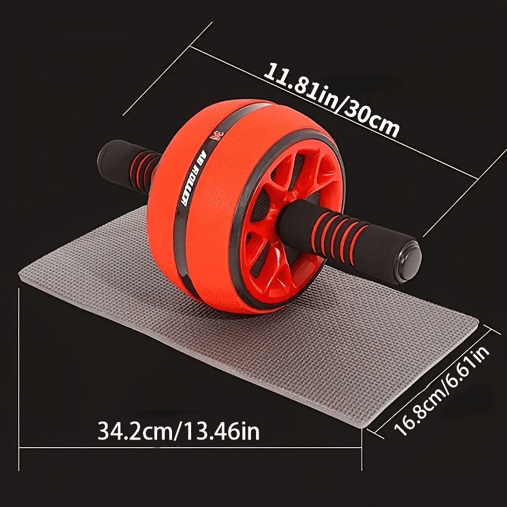 Red ab roller wheel with ergonomic handles on a gray mat, dimensions 11.81in/30cm x 16.8cm/6.61in, perfect for core workouts.