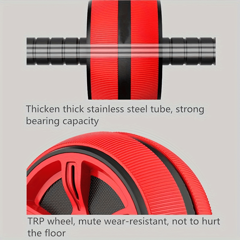 Silent red ab roller wheel with thick stainless steel tube and TRP wear-resistant wheel for core and arm workouts.