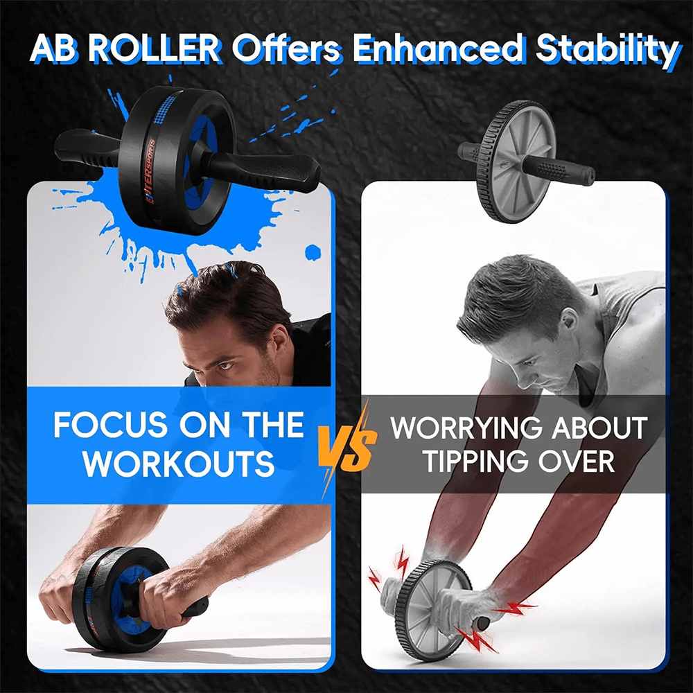 Ab Roller Wheel with enhanced stability for core workouts, contrasting strong workout focus vs. tipping worries.