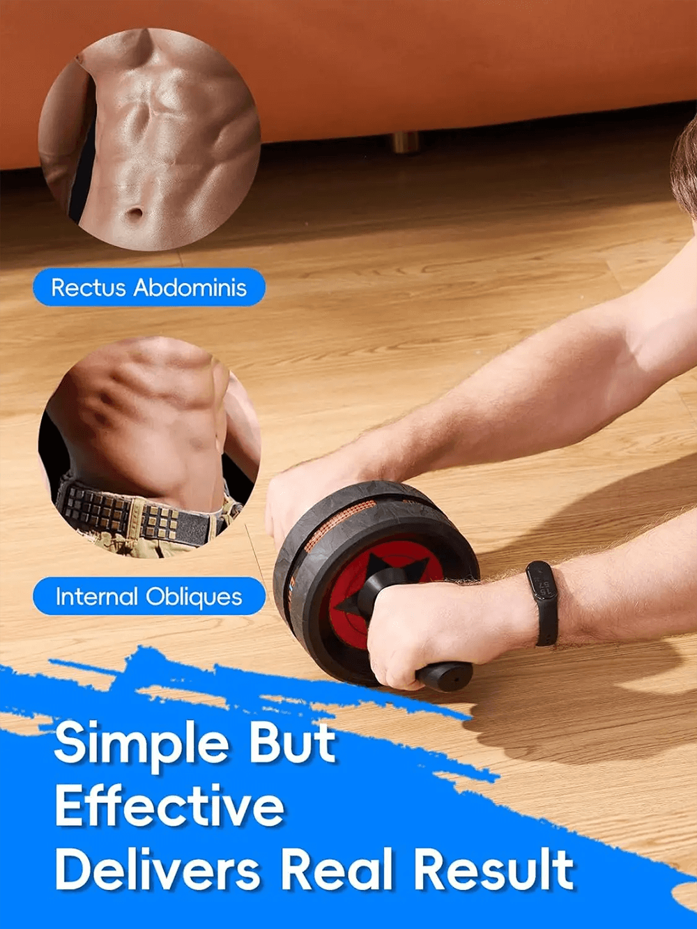 Person using Ab Roller Wheel with knee pads for core strength, targeting rectus abdominis and internal obliques. Effective home workout.