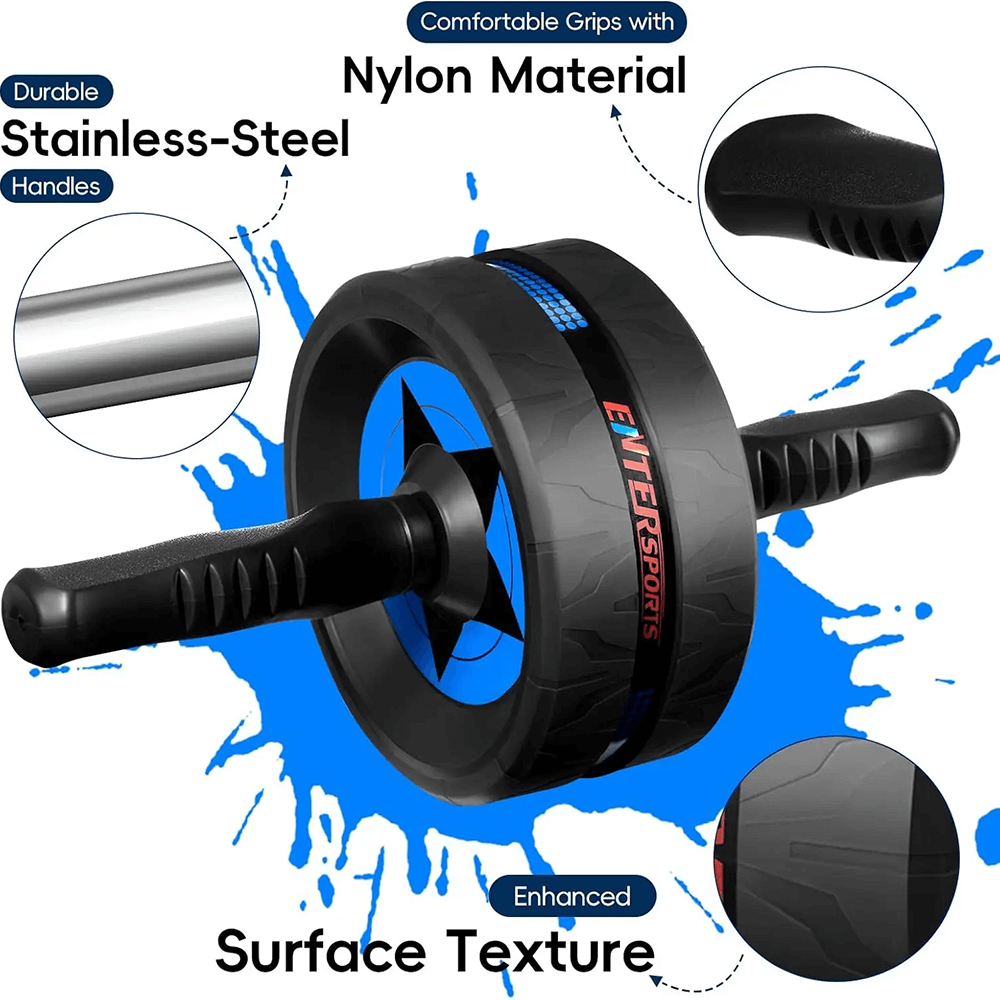 Ab Roller Wheel with durable stainless-steel handles and nylon grips for core training, shown with surface texture features.