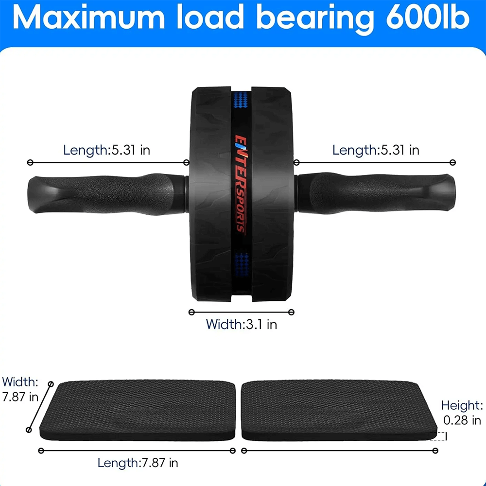 Ab Roller Wheel with dual knee pads, 600lb capacity, for effective home gym core workouts, includes detailed dimensions.